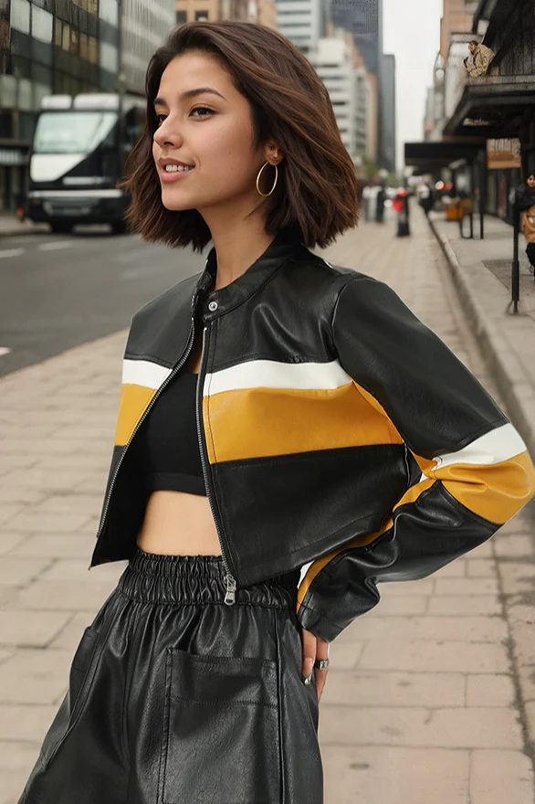 Sexy Contrast-Panel PU Stand-Collar Slim Crop Jacket - Image 4