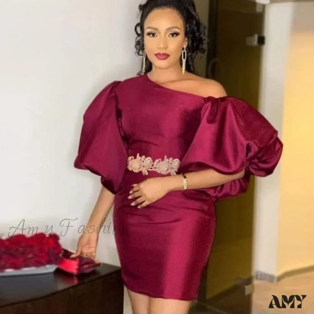 Amy Fashion - Sexy Diagonal Big Lantern Sleeve Elegant Dress - Image 2