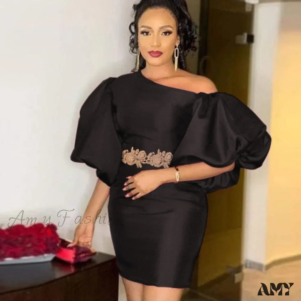 Amy Fashion - Sexy Diagonal Big Lantern Sleeve Elegant Dress - Image 3