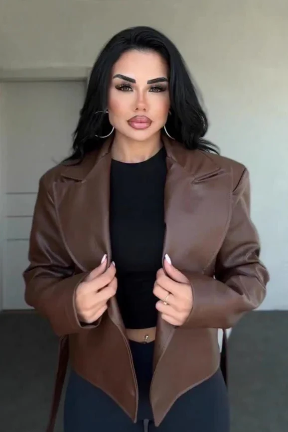Sexy Fitted Leather V-Neck Tie-Waist Jacket - Image 3