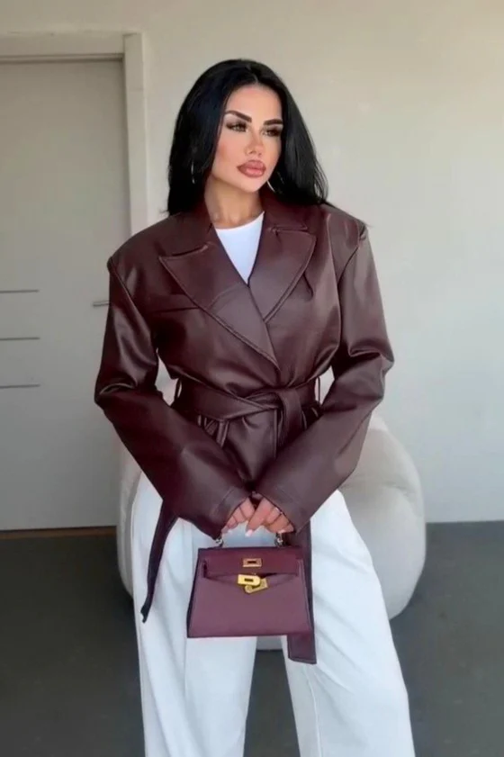 Sexy Fitted Leather V-Neck Tie-Waist Jacket - Image 4