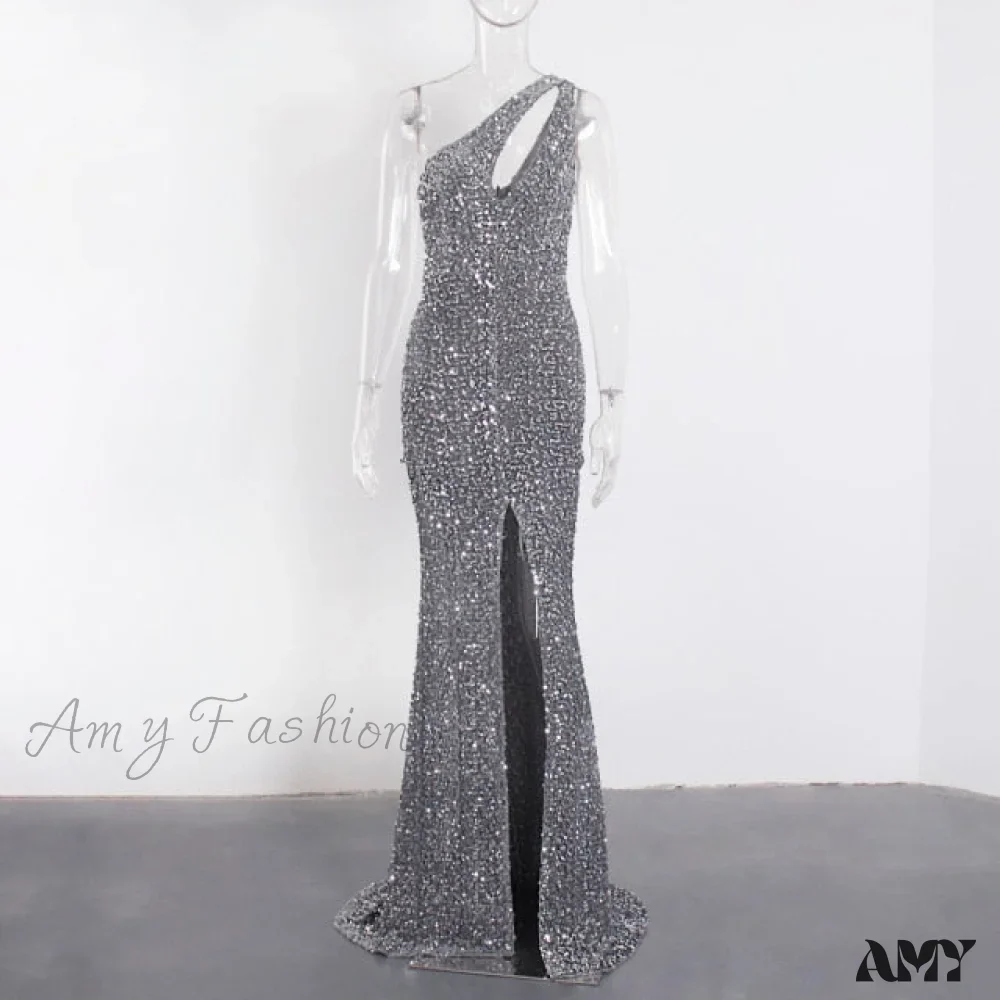 Amy Fashion - Sexy Hole Cut Out Grey Sparkle Sequins Maxi Dress - Image 4