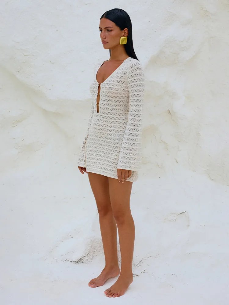 Sexy Knitted White Hollow Out Vacation Dress - Image 4