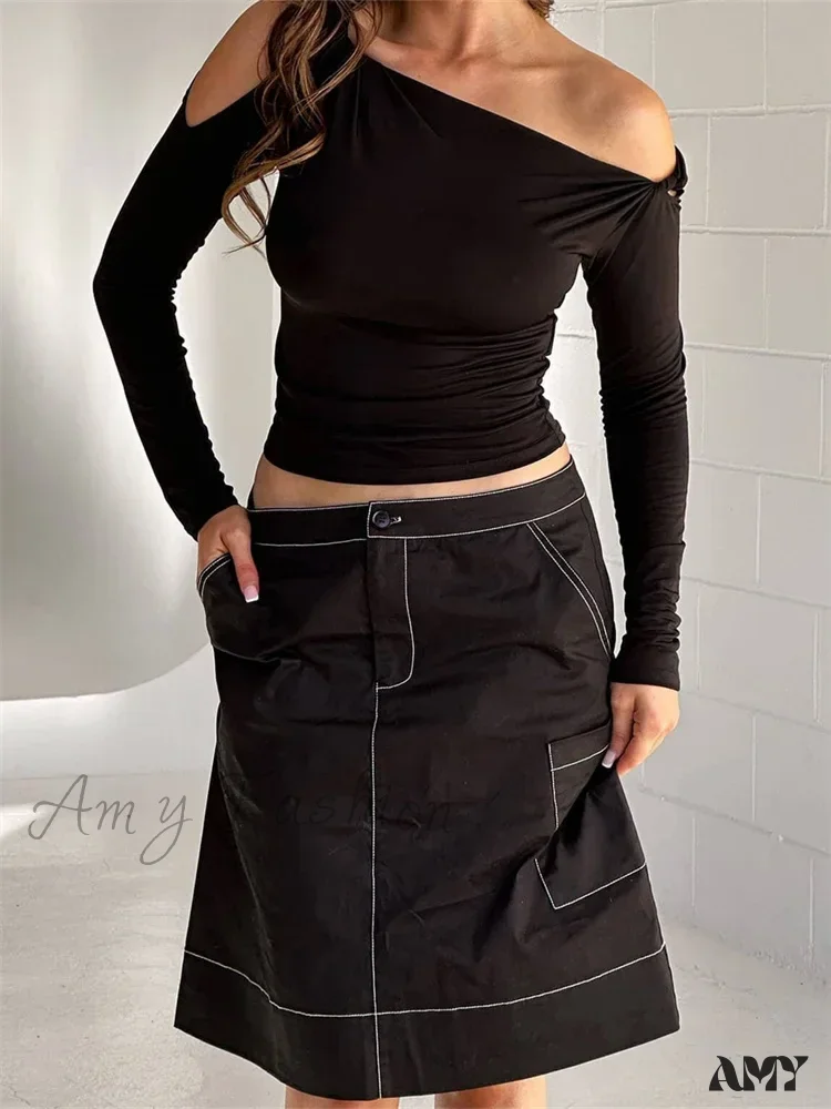 Amy Fashion - Sexy Off Shoulder Long Sleeve Neck Solid Color Slim Fit T-shirts