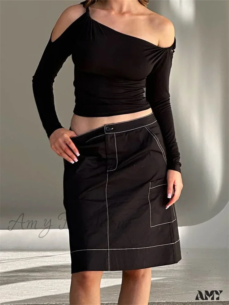 Amy Fashion - Sexy Off Shoulder Long Sleeve Neck Solid Color Slim Fit T-shirts - Image 2
