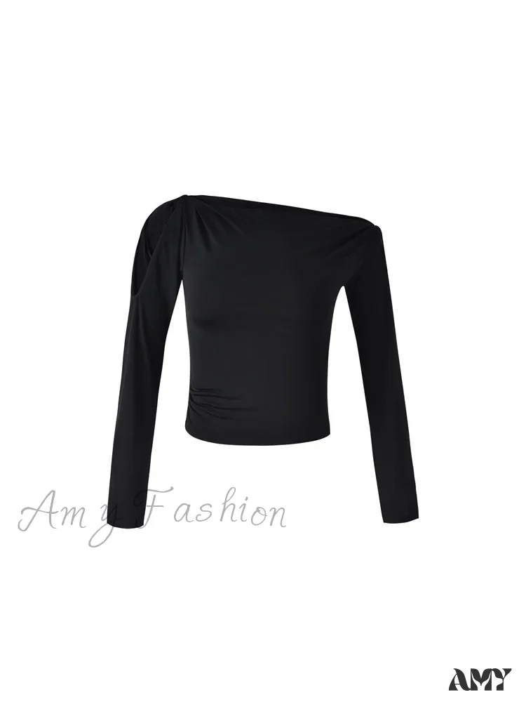 Amy Fashion - Sexy Off Shoulder Long Sleeve Neck Solid Color Slim Fit T-shirts - Image 3