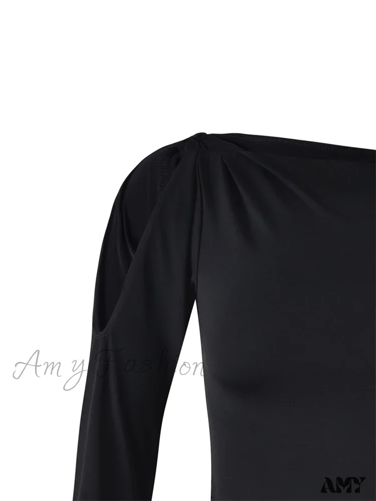 Amy Fashion - Sexy Off Shoulder Long Sleeve Neck Solid Color Slim Fit T-shirts - Image 5