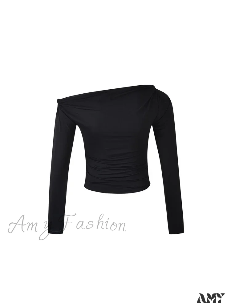 Amy Fashion - Sexy Off Shoulder Long Sleeve Neck Solid Color Slim Fit T-shirts - Image 6