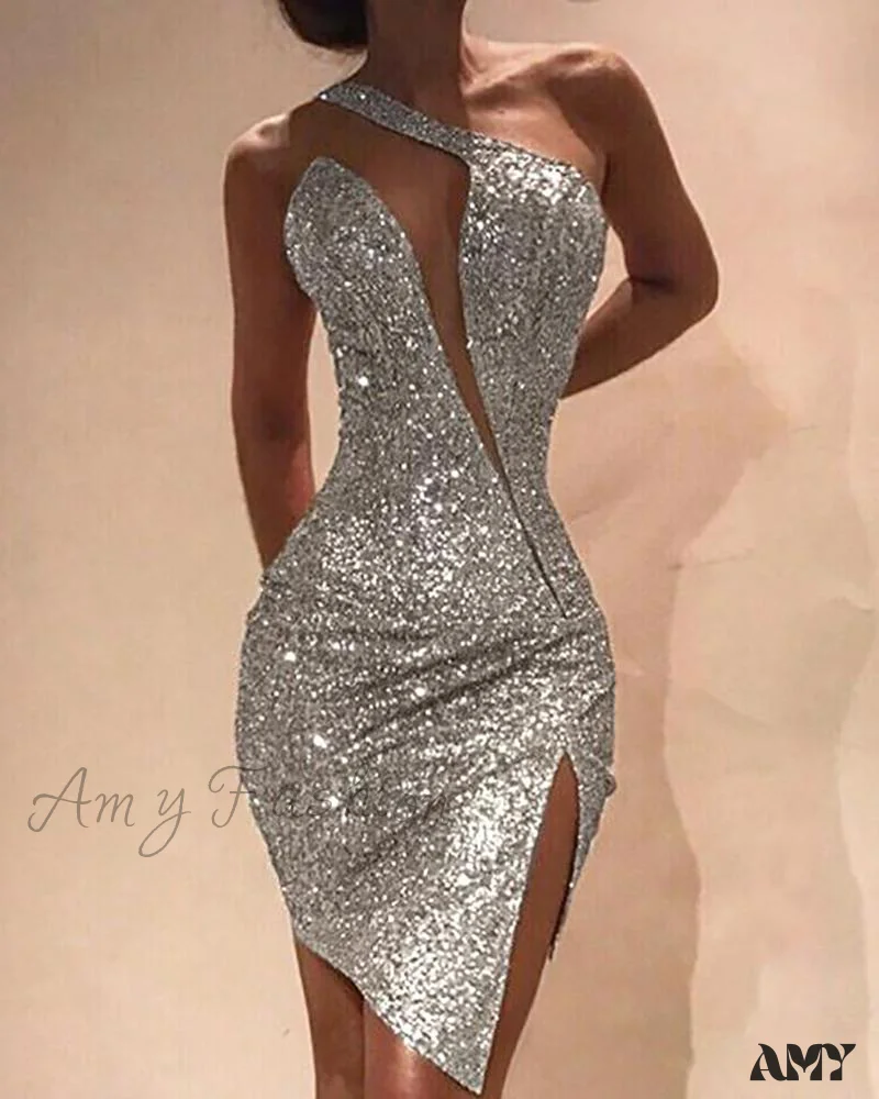 Amy Fashion - One Shoulder Cut Out Slit Bodycon Sequin Dress - Image 11