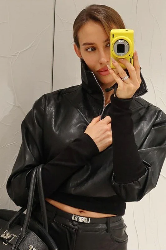 Sexy PU Stand-Up Collar Slim Bomber Jacket - Image 2