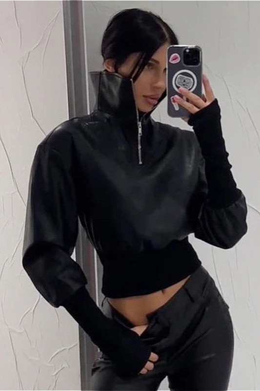 Sexy PU Stand-Up Collar Slim Bomber Jacket - Image 3