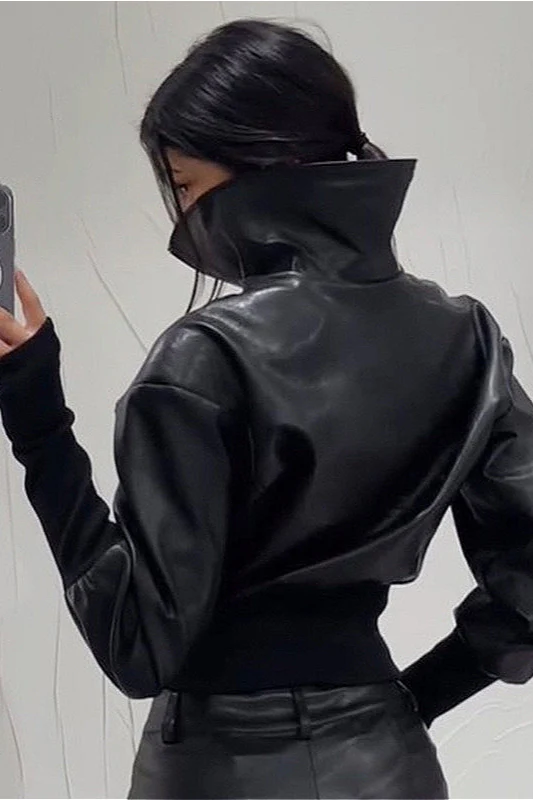 Sexy PU Stand-Up Collar Slim Bomber Jacket - Image 4