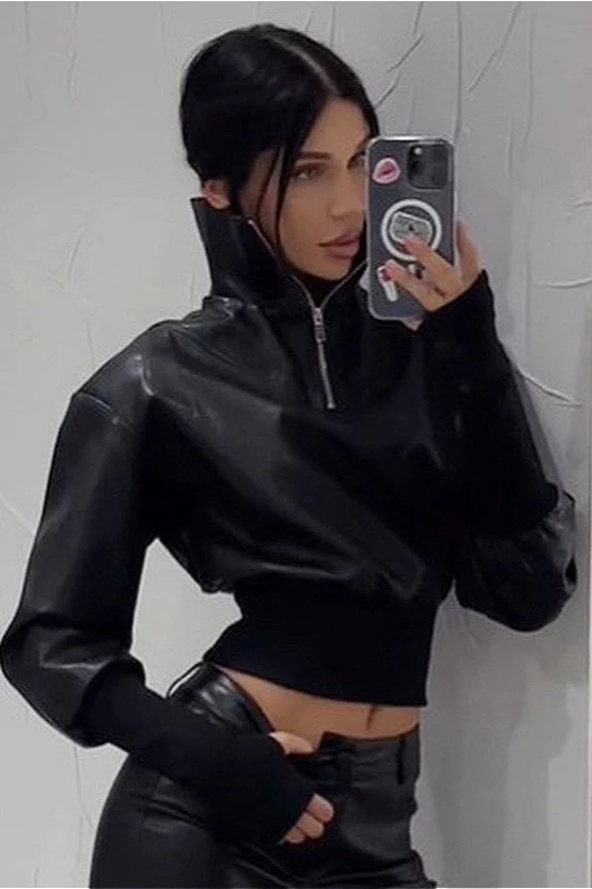 Sexy PU Stand-Up Collar Slim Bomber Jacket - Image 5