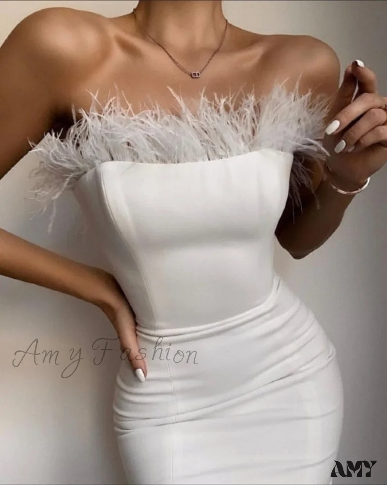Amy Fashion - Sexy Strapless Backless Feather Black Midi Dress - Image 2