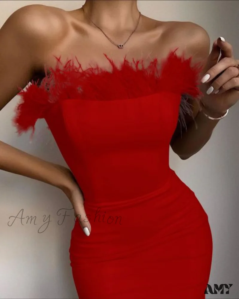 Amy Fashion - Sexy Strapless Backless Feather Black Midi Dress - Image 4
