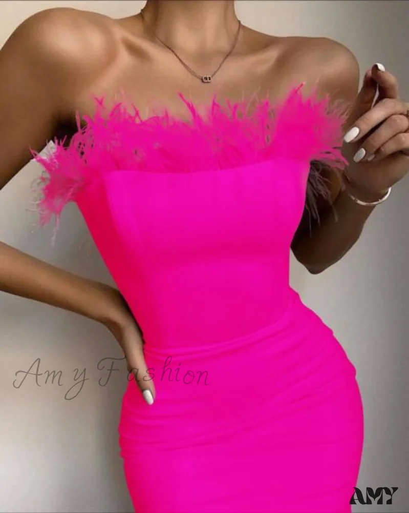 Amy Fashion - Sexy Strapless Backless Feather Black Midi Dress - Image 5