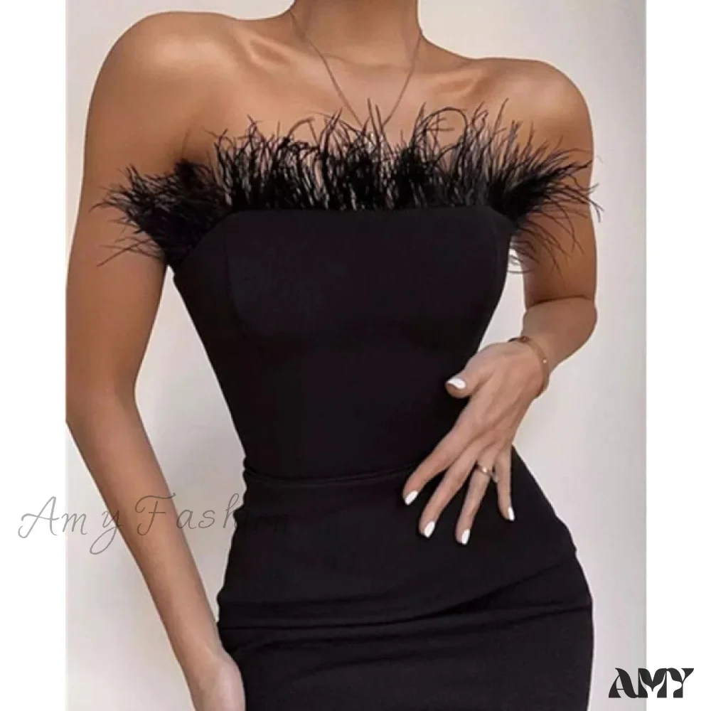 Amy Fashion - Sexy Strapless Backless Feather Black Midi Dress - Image 6