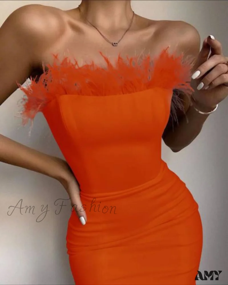 Amy Fashion - Sexy Strapless Backless Feather Black Midi Dress - Image 7