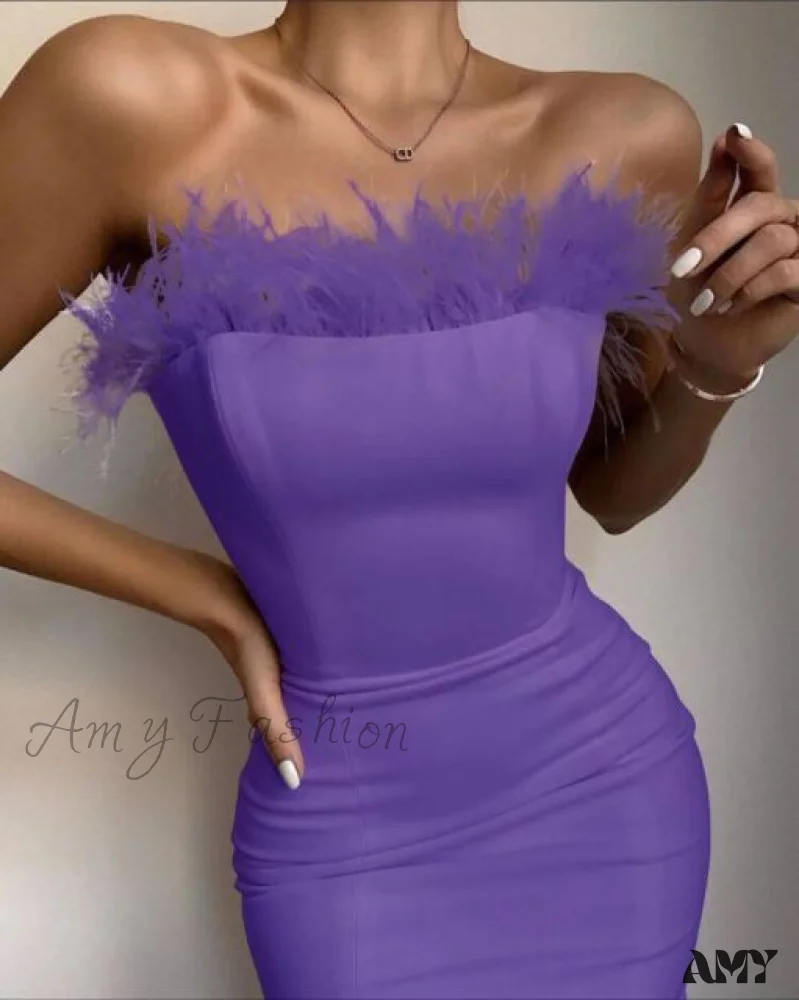 Amy Fashion - Sexy Strapless Backless Feather Black Midi Dress - Image 8