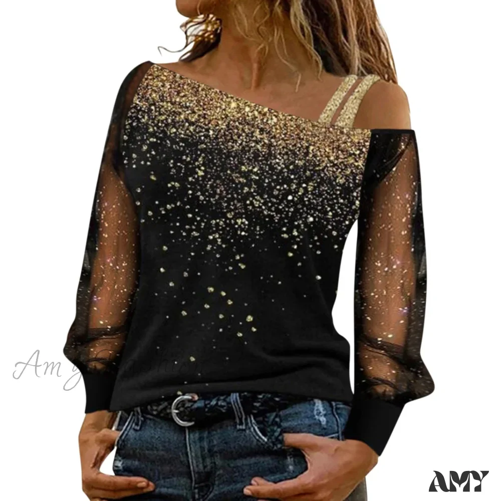 Amy Fashion - Long Sleeve Sequin Cold Shoulder Bling Mesh Sheer Blouse - Image 6