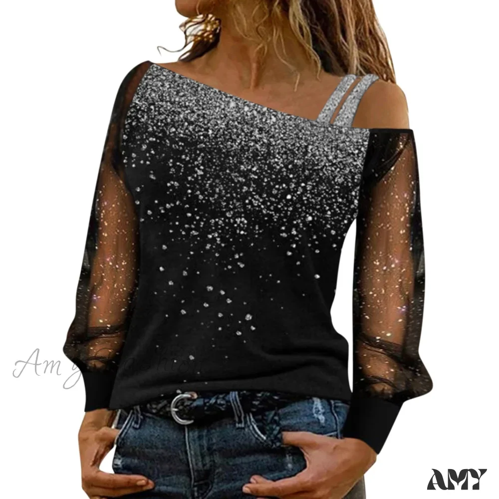 Amy Fashion - Long Sleeve Sequin Cold Shoulder Bling Mesh Sheer Blouse - Image 7