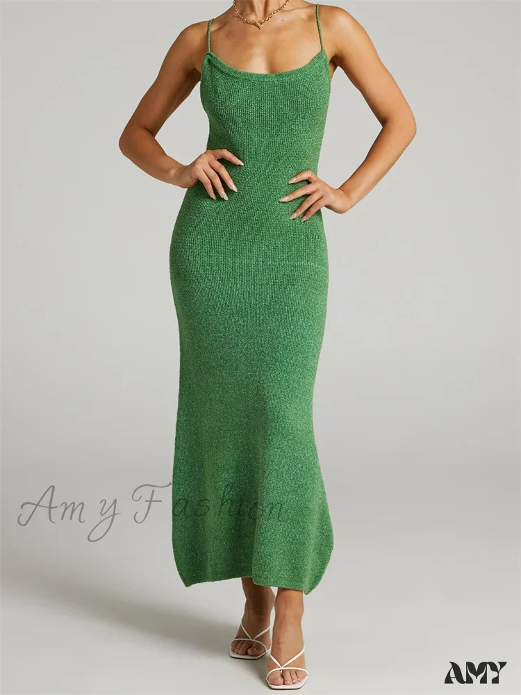 Amy Fashion - Sexy Women Knitted Summer Solid Color Sleeveless Spaghetti Strap Low Cut O-neck Backless Vestidos