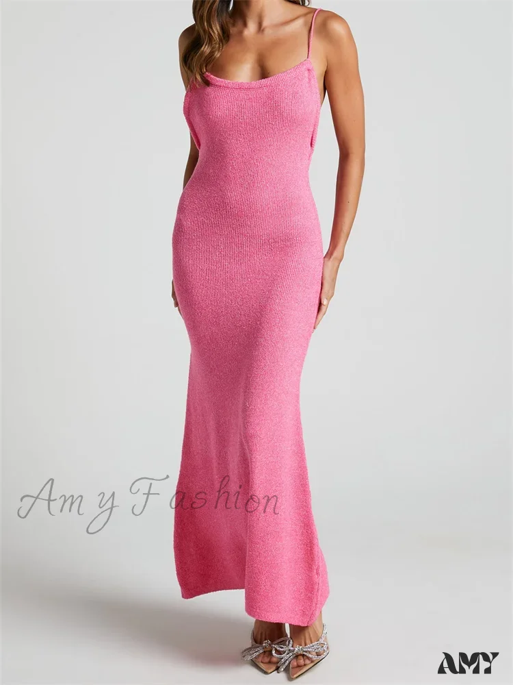 Amy Fashion - Sexy Women Knitted Summer Solid Color Sleeveless Spaghetti Strap Low Cut O-neck Backless Vestidos - Image 12