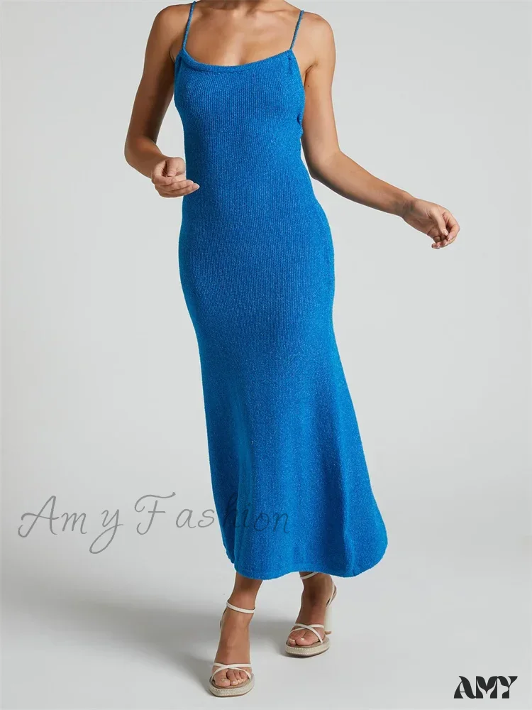 Amy Fashion - Sexy Women Knitted Summer Solid Color Sleeveless Spaghetti Strap Low Cut O-neck Backless Vestidos - Image 3