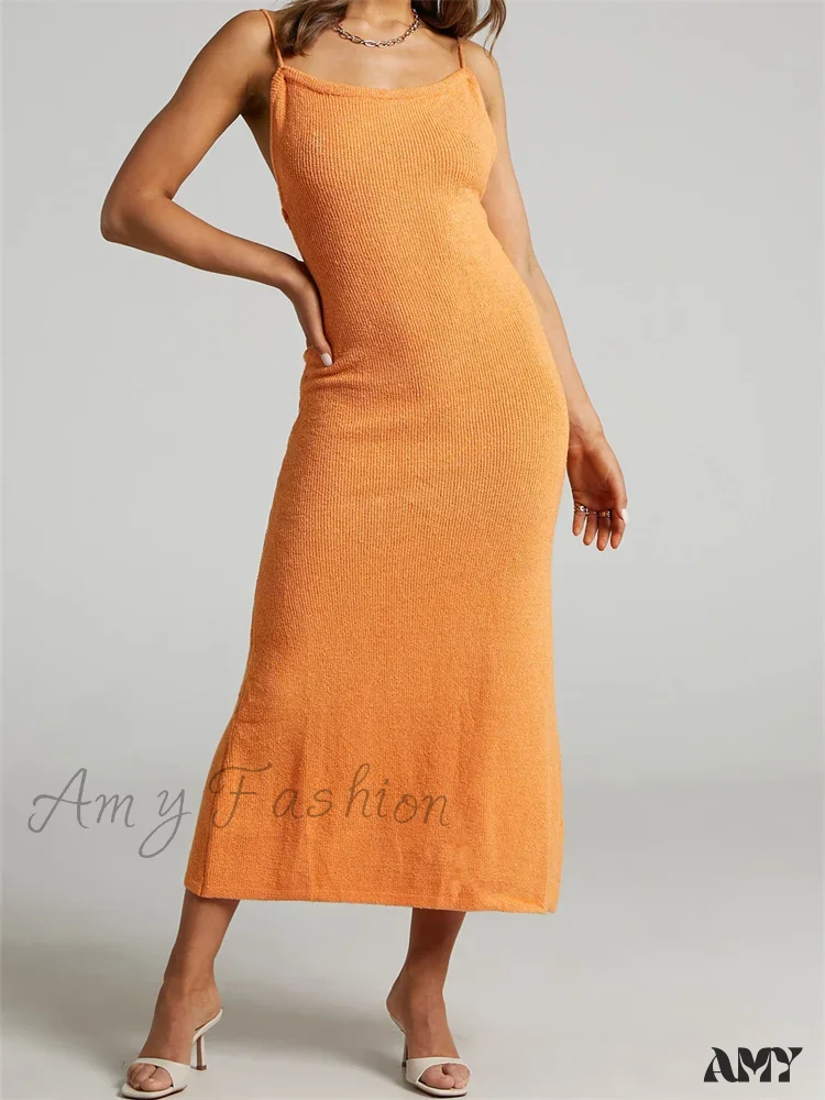 Amy Fashion - Sexy Women Knitted Summer Solid Color Sleeveless Spaghetti Strap Low Cut O-neck Backless Vestidos - Image 5