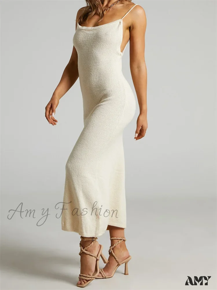 Amy Fashion - Sexy Women Knitted Summer Solid Color Sleeveless Spaghetti Strap Low Cut O-neck Backless Vestidos - Image 6