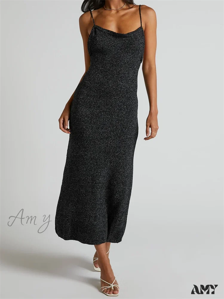 Amy Fashion - Sexy Women Knitted Summer Solid Color Sleeveless Spaghetti Strap Low Cut O-neck Backless Vestidos - Image 8
