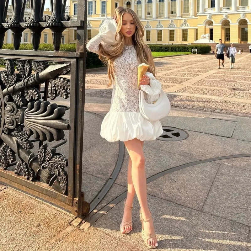 Sheer Lace Patchwork Long Sleeve Mini Dress - Image 2