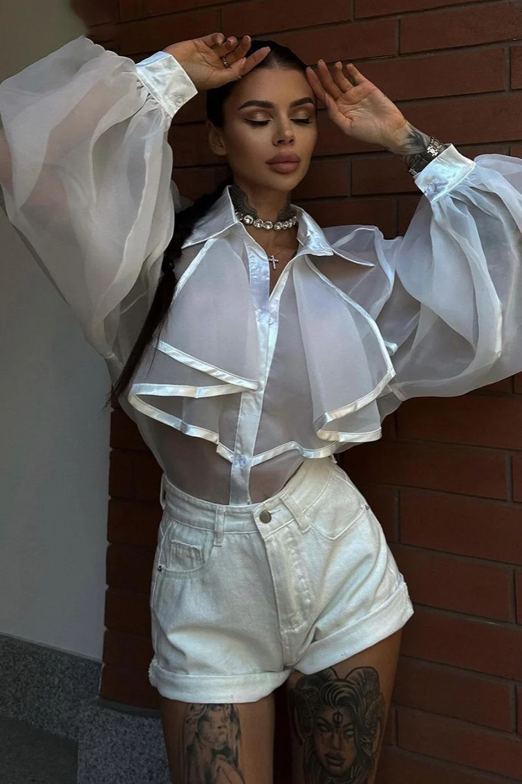 Sheer Lantern-Sleeve Collared Ruffled Blouse - Image 2