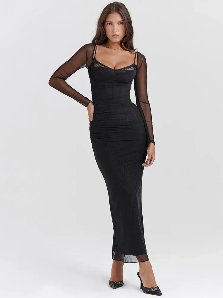 Sheer Mesh Black Strapless Bodycon Dress