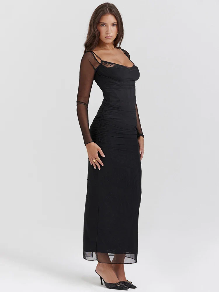 Sheer Mesh Black Strapless Bodycon Dress - Image 3