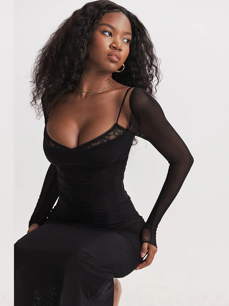 Sheer Mesh Black Strapless Bodycon Dress - Image 5