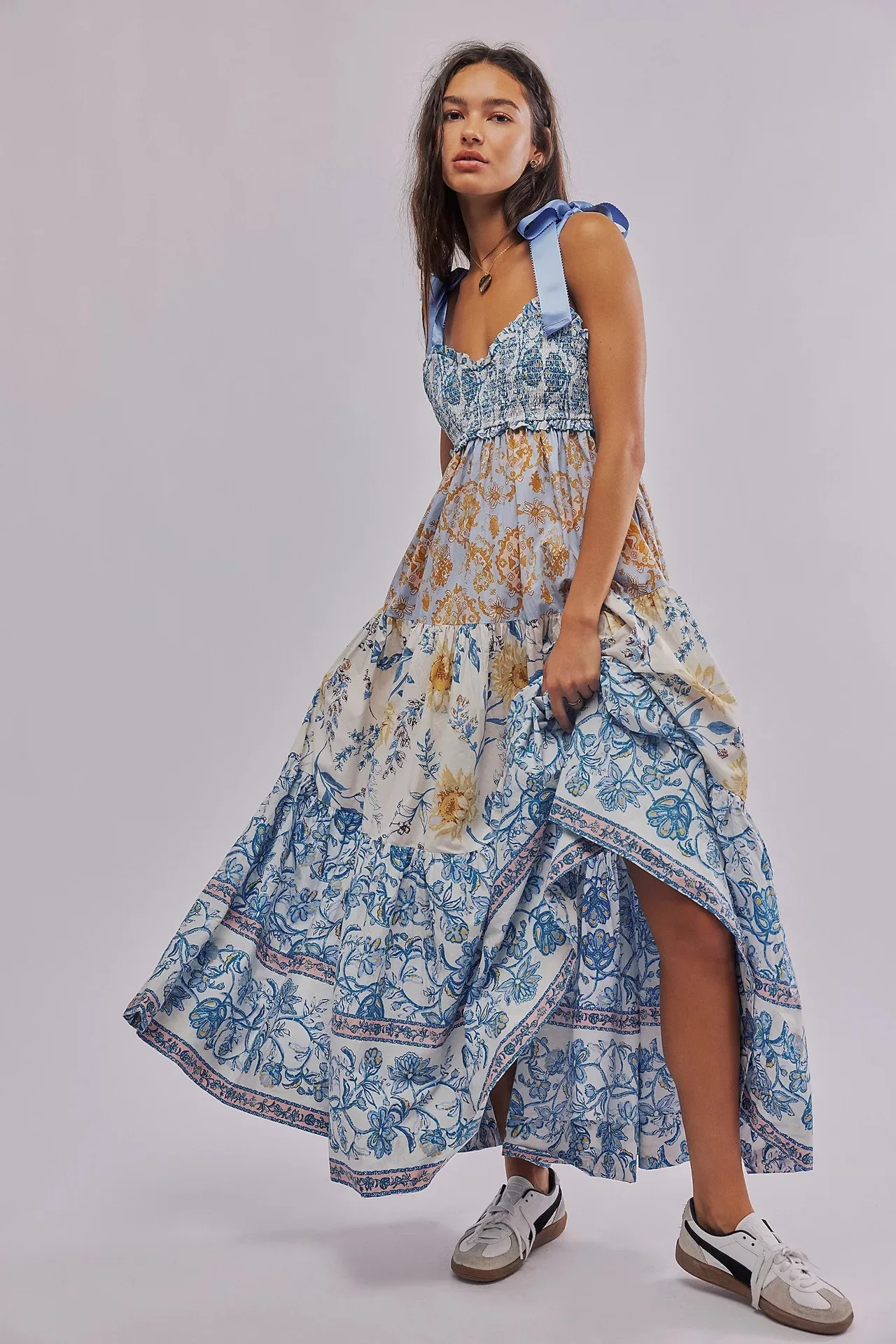 Shirring Chest Strap Floral Sleeveless Boho Dress - Image 10