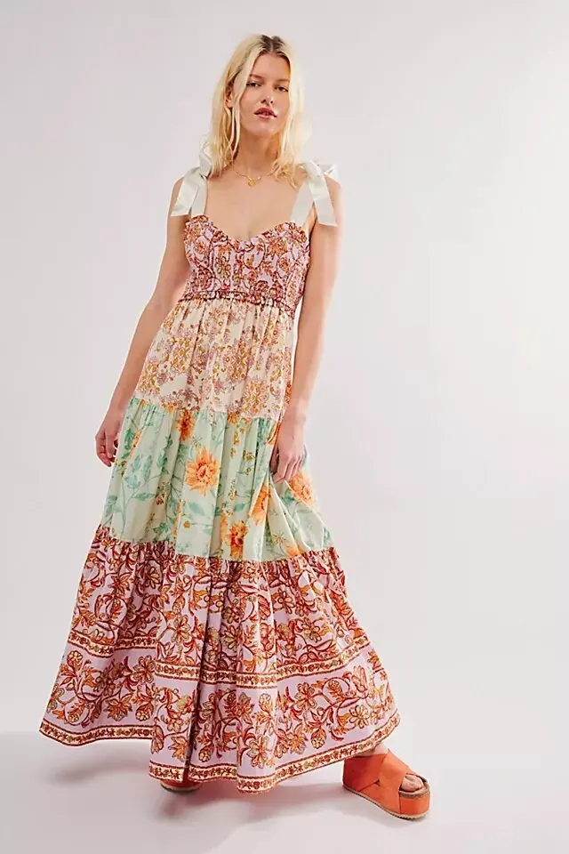 Shirring Chest Strap Floral Sleeveless Boho Dress - Image 11