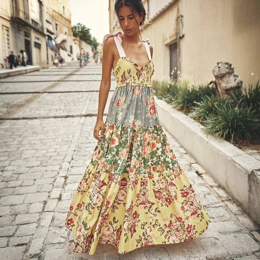 Shirring Chest Strap Floral Sleeveless Boho Dress - Image 2