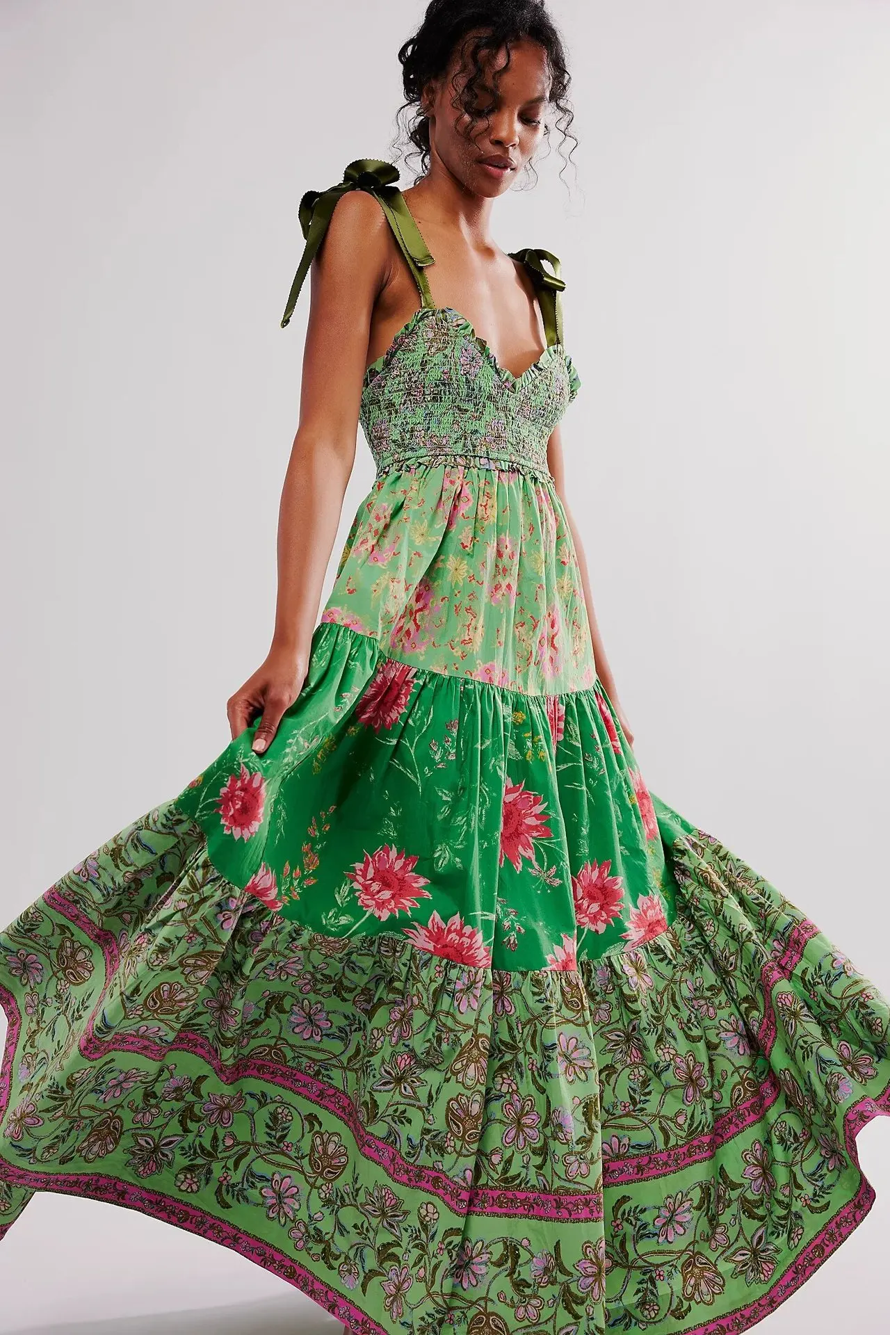 Shirring Chest Strap Floral Sleeveless Boho Dress - Image 3