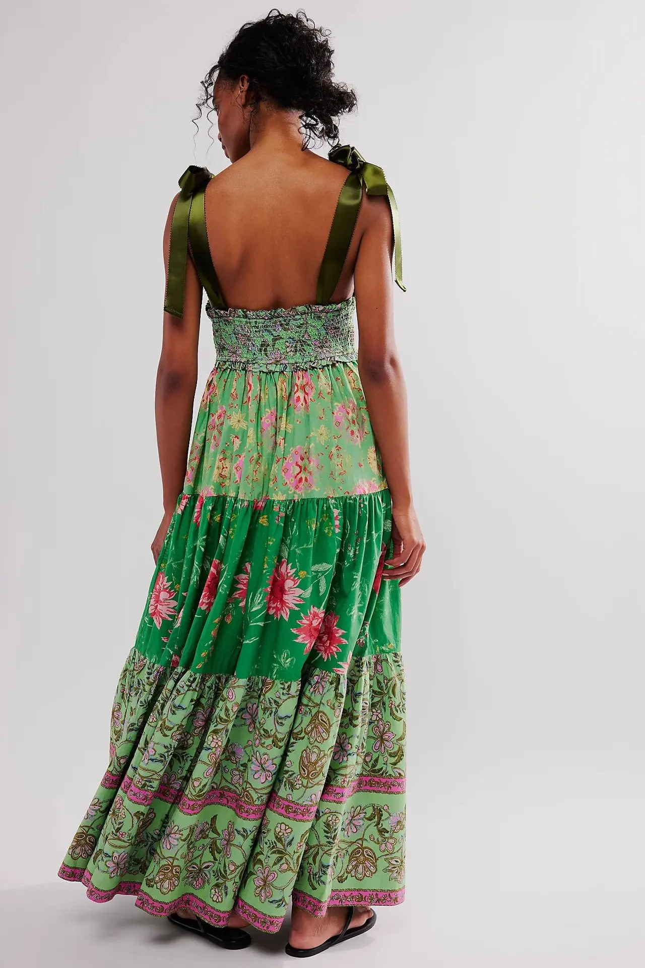 Shirring Chest Strap Floral Sleeveless Boho Dress - Image 4