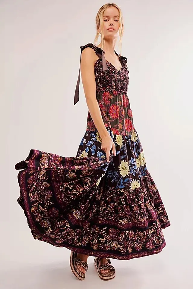 Shirring Chest Strap Floral Sleeveless Boho Dress - Image 6