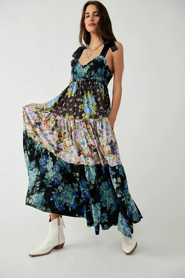 Shirring Chest Strap Floral Sleeveless Boho Dress - Image 7