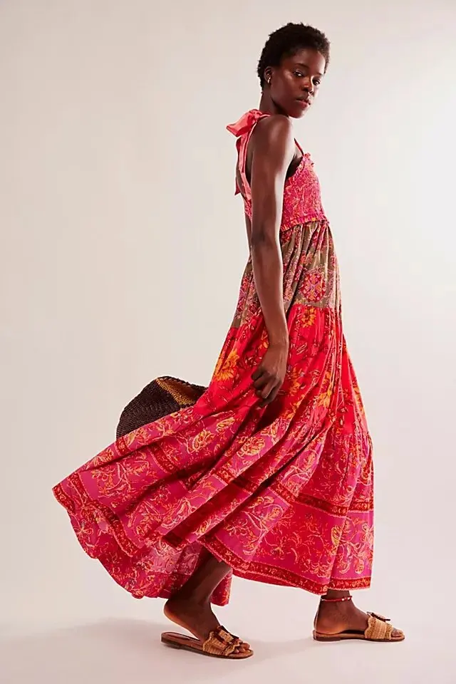 Shirring Chest Strap Floral Sleeveless Boho Dress - Image 9