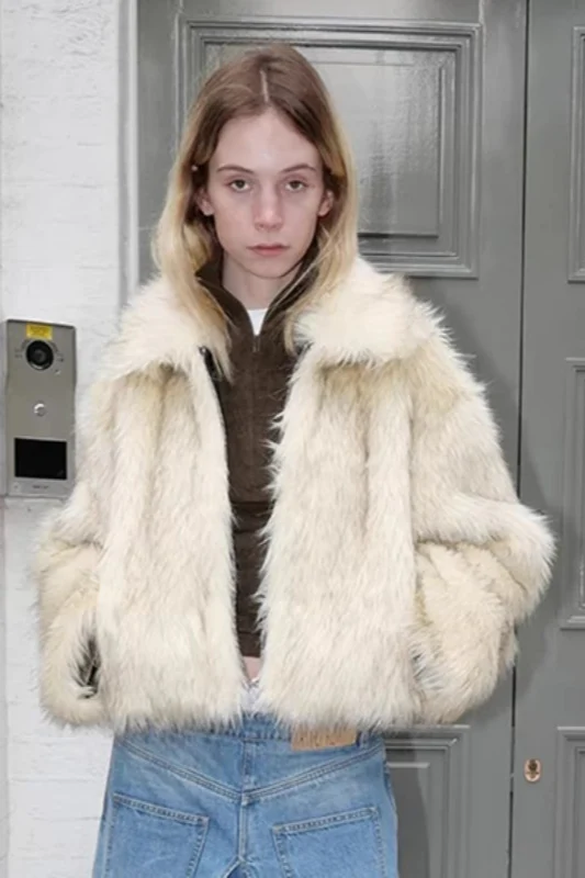 Short Faux Fox Fur Stand Collar Warm Cotton Coat - Image 5