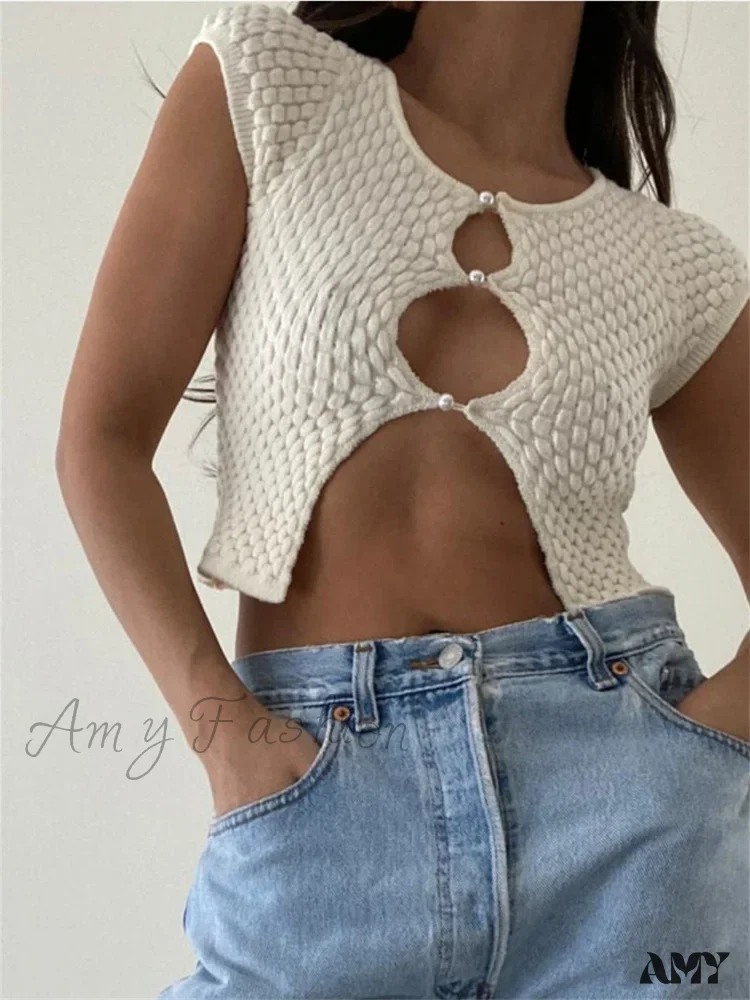 Amy Fashion - Short Sleeve Ruched O-Neck Buttons Up Y2K Knitted Crop T-shirts - Image 2
