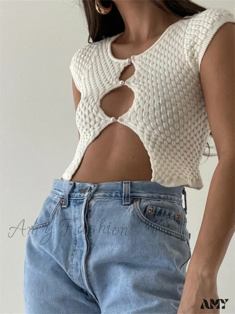Amy Fashion - Short Sleeve Ruched O-Neck Buttons Up Y2K Knitted Crop T-shirts - Image 3