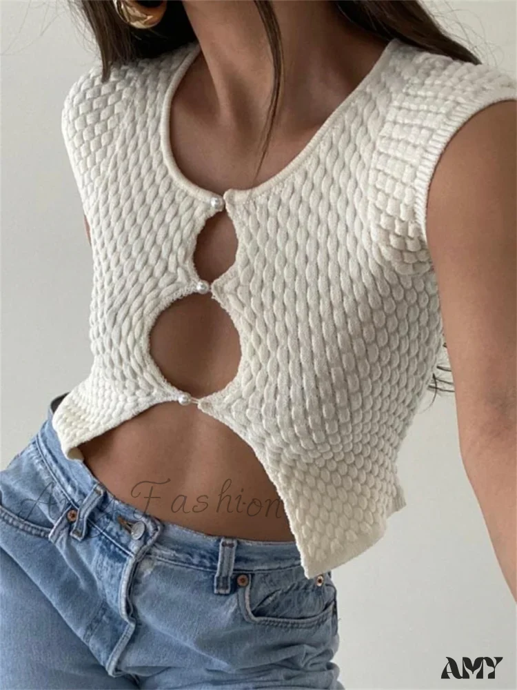 Amy Fashion - Short Sleeve Ruched O-Neck Buttons Up Y2K Knitted Crop T-shirts - Image 4