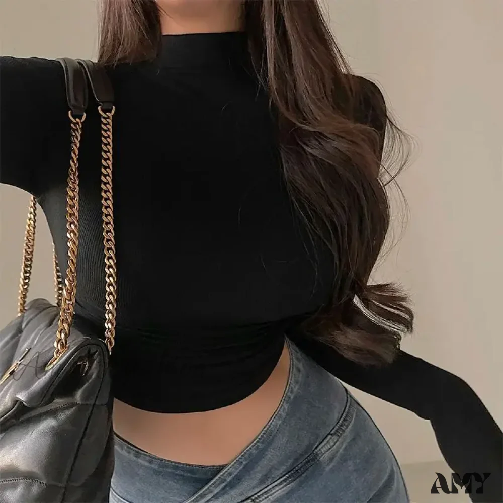 Simple Long Sleeve Slim Fit Short Half High Neck Solid Color Crop Top - Image 2