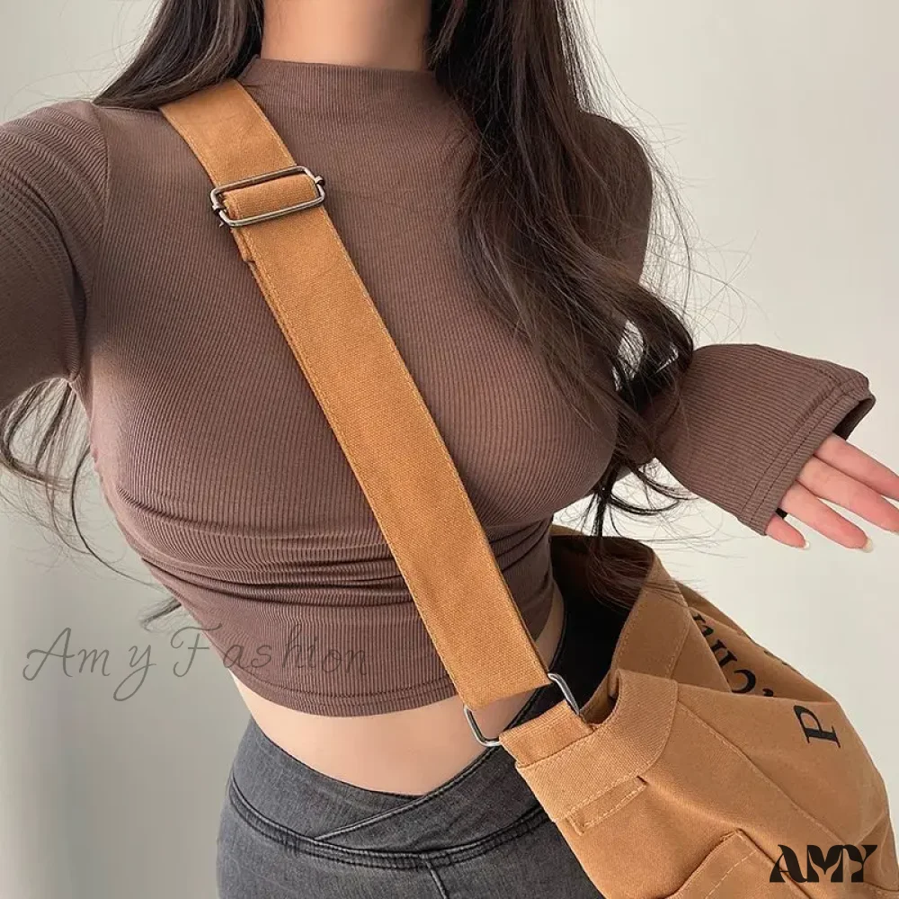 Simple Long Sleeve Slim Fit Short Half High Neck Solid Color Crop Top - Image 3